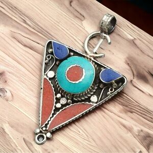 Tibetan Turquoise Coral Gemstone Pendant 2.8"